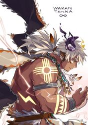  1boy asymmetrical_horns bara closed_mouth eye_black facial_hair from_side horns kuro_nezumi_inu male_focus mature_male mismatched_horns muscular muscular_male ponytail profile solo tattoo tokyo_afterschool_summoners wakan_tanka wakan_tanka_mugen white_hair 