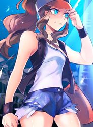  bag baseball_cap black_vest blue_eyes brown_hair closed_mouth cutoffs denim denim_shorts female hat hilda_(pokemon) long_hair pokemon pokemon_bw ponytail shirt short_shorts shorts shoulder_bag sleeveless sleeveless_shirt solo vest white_shirt wonagi wristband 