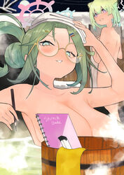  2girls absurdres alternate_costume animal_ears blue_archive blue_eyes breasts cleavage collarbone commentary_request convenient_censoring glasses green_hair gyamu_(chewing-gum) halo highres large_breasts meru_(blue_archive) multiple_girls onsen open_mouth purple_eyes same-sex_bathing shared_bathing shigure_(blue_archive) sweat towel towel_on_head water 