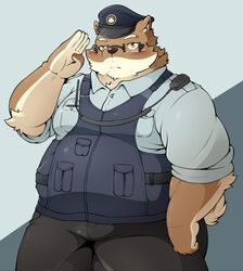  2020 anthro belly blush bottomwear canid canine canis clothing domestic_dog eyewear glasses hat headgear headwear hi_res kemono male mammal overweight overweight_anthro overweight_male pants police pomupomu490 shirt solo topwear 