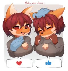  :3 ^_^ absurdres animal_ear_fluff animal_ears animal_nose blush bob_cut border breasts bright_pupils brown_fur brown_hair chinese_commentary clenched_hands closed_eyes closed_mouth commentary_request disembodied_hand emoji english_text female furry furry_female gradient_background grey_background grey_sweater half-closed_eyes hand_on_another&#039;s_chin hand_on_another&#039;s_head hands_up happy headpat heart highres long_sleeves looking_at_viewer medium_breasts multicolored_fur multiple_views oerba_yun_fang open_mouth orange_fur original outside_border red_eyes short_hair sidelocks simple_background smile snout speech_bubble spoken_heart spoken_thumbs_up stroking_another&#039;s_chin sweater upper_body wavy_mouth white_border white_fur white_pupils wolf_ears wolf_girl wolf_girl_(yellowparrot) yellowparrot 