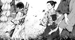  4boys aged_down armor arms_at_sides beard crossover english_commentary facial_hair father_and_son feet_out_of_frame ghost_of_tsushima grass great_shinobi_owl greyscale hair_bun hair_over_eyes hakama hakama_pants hakama_skirt haori head_out_of_frame highres japanese_armor japanese_clothes katana kimono leaf long_hair long_sleeves looking_at_another lord_shimura male_focus maple_leaf medium_hair monochrome multiple_boys obi open_mouth pants profile sakai_jin sash scabbard scarf scarf_over_mouth sekiro sekiro:_shadows_die_twice sheath short_hair single_hair_bun skirt sunny_(mnbvjkuy) sword very_long_hair weapon weapon_on_back 