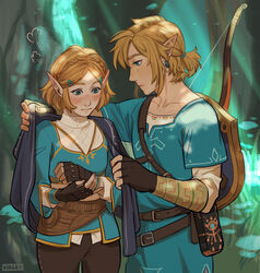  1boy absurdres artist_name bangs blonde_hair blue_eyes blush bow_(weapon) braid breasts brown_gloves brown_pants cape collarbone cowboy_shot earrings english_commentary female fingerless_gloves gloves green_eyes green_shirt hair_ornament hairclip height_difference highres holding holding_cape jewelry link long_sleeves looking_at_another pants pointy_ears princess_zelda profile robe sheikah_slate shield shirt short_hair short_over_long_sleeves short_sleeves the_legend_of_zelda the_legend_of_zelda:_breath_of_the_wild viktoria_ridzel weapon 