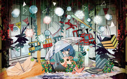  barefoot baseball_bat blue_hair blue_shirt blue_skirt book chair commentary crack cracked_floor cracked_wall female floating floating_object from_side hatsune_miku hugging_own_legs indoors long_hair looking_at_viewer magatan orb pennant plant rain sentai shirt sitting skirt small_stellated_dodecahedron solo star_(symbol) tile_floor tiles toy_train transparent transparent_umbrella triangle twintails umbrella vocaloid window 