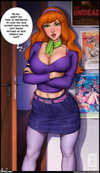  absurdres arms_under_breasts aroma_sensei artist_name blue_skirt bra bra_peek breast_hold breasts cleavage commentary crossed_arms daphne_ann_blake electrical_outlet english_commentary english_text female green_eyes green_scarf hairband highres indoors long_hair long_sleeves looking_at_viewer medium_breasts midriff navel_piercing open_door open_mouth orange_hair pantyhose patreon_username piercing pink_bra poster_(object) purple_hairband purple_shirt scarf scooby-doo shirt skirt sky solo speech_bubble standing underwear web_address white_pantyhose 