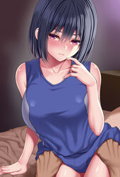  1boy bare_arms bare_shoulders bed black_hair blush breasts check_commentary closed_mouth collarbone commentary commentary_request embarrassed female hand_up huyumitsu large_breasts looking_at_viewer netorase original purple_eyes short_hair sitting sleeveless solo_focus thighs track_uniform 