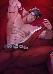  1boy abs absurdres ancient_greek_clothes arkapami bara bare_pectorals black_hair greco-roman_clothes green_eyes hades_(series) hades_1 heterochromia highres large_pectorals laurel_crown leggings looking_at_viewer lying male_focus muscular muscular_male navel nipples on_back parted_lips pectorals red_eyes short_hair solo zagreus_(hades) 