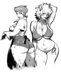  2girls absurdres ahoge arm_behind_head arm_up ass bakugou_mitsuki bare_shoulders bikini blush boku_no_hero_academia breasts collarbone dexter&#039;s_laboratory earrings from_behind gloves greyscale heart highres jewelry large_breasts looking_at_viewer mature_female medium_hair mom_(dexter&#039;s_laboratory) monochrome multiple_girls nail_polish navel navel_piercing necklace parted_lips piercing shirt short_shorts short_sleeves shorts simple_background smile standing stomach swimsuit thighs wet zelus 