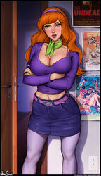  absurdres arms_under_breasts aroma_sensei artist_name blue_skirt bra bra_peek breast_hold breasts cleavage commentary crossed_arms daphne_ann_blake electrical_outlet english_commentary female green_eyes green_scarf hairband highres indoors long_hair long_sleeves looking_at_viewer medium_breasts midriff navel_piercing open_door open_mouth orange_hair pantyhose patreon_username piercing pink_bra poster_(object) purple_hairband purple_shirt scarf scooby-doo shirt skirt sky solo standing textless_version underwear web_address white_pantyhose 