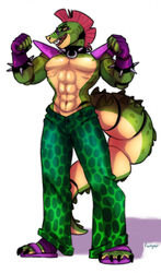  abs alligator alligatorid animatronic anthro big_tail black_eyes bottomwear bracelet clothing crocodilian eyewear fingerless_gloves five_nights_at_freddy&#039;s five_nights_at_freddy&#039;s:_security_breach footwear furtyap gloves green_body green_bottomwear green_clothing green_pants hair handwear hi_res jewelry long_tail looking_at_viewer machine male mohawk montgomery_gator muscular muscular_male navel open_mouth pants pink_hair purple_clothing purple_footwear purple_gloves purple_handwear purple_sandals reptile robot sandals scalie scottgames sharp_teeth shoulder_pads simple_background solo spiked_bracelet spikes steel_wool_studios sunglasses tail tan_body teeth white_background yellow_sclera 