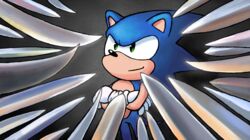  2021 anthro biped blue_body blue_fur clothing cortoony crossed_arms digital_media_(artwork) eulipotyphlan fur gloves green_eyes handwear hedgehog knife_cat male mammal melee_weapon meme reaction_image sega smile smug_cat solo sonic_the_hedgehog sonic_the_hedgehog_(series) standing sword weapon white_clothing white_gloves white_handwear 