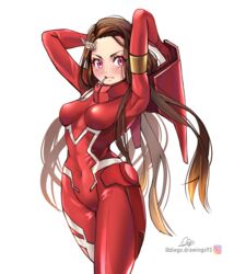  absurdres alternate_costume armpits arms_up blush bodysuit breasts brown_hair cosplay cowboy_shot darling_in_the_franxx female highres horns instagram_username kamado_nezuko kerana_art kimetsu_no_yaiba long_hair medium_breasts mouth_hold pink_eyes red_bodysuit signature simple_background single_horn solo spoilers very_long_hair white_background zero_two_(darling_in_the_franxx) zero_two_(darling_in_the_franxx)_(cosplay) 