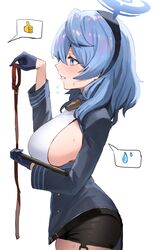  absurdres ako_(blue_archive) black_skirt blue_archive blue_hair blue_jacket breasts female garter_straps halo highres holding horn/wood jacket large_breasts looking_at_another pencil_skirt profile shirt sideboob sideless_outfit sideless_shirt simple_background skirt solo spoken_sweatdrop spoken_thumbs_up sweatdrop white_background white_shirt 