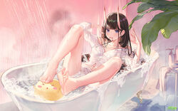  &gt;_&lt; artist_name atdan azur_lane bangs bare_legs barefoot bathtub bikini bikini_under_clothes black_bikini bottle breasts claw_foot_bathtub commentary earrings english_commentary eyebrows_visible_through_hair feet female full_body hair_tie_in_mouth hands_up highres horns jewelry leaf long_hair long_sleeves looking_at_viewer manjuu_(azur_lane) medium_breasts mouth_hold navel noshiro_(azur_lane) noshiro_(cozy_enclave)_(azur_lane) off_shoulder official_alternate_costume oni_horns partially_submerged purple_eyes see-through shirt shorts soles solo string_bikini swimsuit toes water wet white_shirt white_shorts 