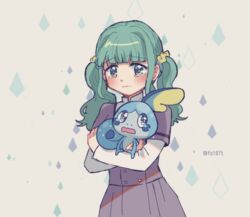  aqua_hair argyle_background blunt_bangs blush buttons collared_shirt commentary_request cowboy_shot crossed_arms crossover crying crying_with_eyes_open dot_nose female furrowed_brow futaba_sana hair_ornament hair_scrunchie holding holding_pokemon jewelry layered_sleeves long_sleeves looking_at_viewer magia_record:_mahou_shoujo_madoka_magica_gaiden mahou_shoujo_madoka_magica medium_hair mizuna_girls&#039;_academy_school_uniform open_mouth pleated_skirt pokemon pokemon_(creature) purple_shirt purple_skirt ring sad school_uniform scrunchie shirt shirt_under_shirt short_over_long_sleeves short_sleeves sidelocks simple_background skirt sobble standing streaming_tears tareme tears totte trait_connection twintails twitter_username uniform upper_body wavy_hair wavy_mouth white_background white_shirt yellow_scrunchie 