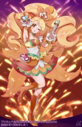  armpits blonde_hair boots brooch brown_eyes choker collarbone covered_navel cure_honey cure_honey_(coconut_samba) female full_body green_choker happinesscharge_precure! heart heart_brooch high_heel_boots high_heels high_ponytail highres holding jewelry layered_skirt long_hair looking_at_viewer miniskirt one_eye_closed oomori_yuuko open_mouth orange_footwear orange_skirt outstretched_arm precure shipu_(gassyumaron) skirt sleeveless solo standing standing_on_one_leg very_long_hair 