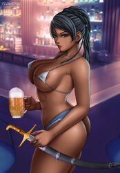  areola_slip ass bikini blue_hair breasts butt_crack code_geass commentary cowboy_shot cup cutoffs dark-skinned_female dark_skin dorothea_ernst english_commentary female flowerxl green_eyes holding holding_cup large_breasts micro_bikini sheath sheathed swimsuit sword watermark weapon web_address 