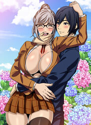  1boy black_hair blush breasts closed_eyes closed_mouth cloud commentary_request couple female flower fujino_kiyoshi glasses grey_hair hair_bun hand_on_another&#039;s_chin hand_on_another&#039;s_head hand_on_another&#039;s_hip highres hug hug_from_behind hyangmulyang korean_commentary large_breasts open_mouth prison_school ribbon school_uniform shiraki_meiko short_hair single_hair_bun sky smile straight uniform 