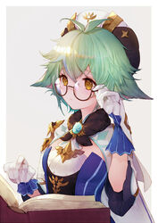  adjusting_eyewear animal_ears antenna_hair bangs blush book border breasts cat_ears closed_mouth female fur_collar genshin_impact glasses gloves green_hair hair_between_eyes medium_hair nido_celisius open_book semi-rimless_eyewear simple_background small_breasts solo sucrose_(genshin_impact) upper_body vision_(genshin_impact) wide_sleeves yellow_eyes 