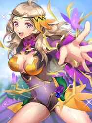  ahoge blonde_hair breasts bug butterfly cleavage covered_navel female fire_emblem fire_emblem_fates fire_emblem_heroes flower grey_eyes highres leotard long_hair medium_breasts official_alternate_costume open_mouth ophelia_(fire_emblem) ophelia_(resplendent)_(fire_emblem) outstretched_arm plant solo swept_bangs teeth turtleneck upper_body upper_teeth_only vines youhei_choregi 