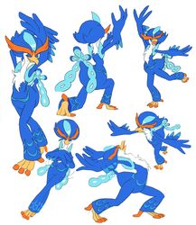  absurd_res ambiguous_gender anthro avian_butt beak blue_body blue_eyes blue_feathers closed_eyes dancing feathers fluffy_chest generation_9_pokemon hi_res multiple_images nintendo orange_tubuan pokemon pokemon_(species) pose quaquaval raised_arms simple_background solo standing white_background 