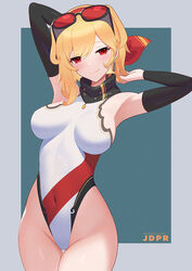  adapted_costume armpits artist_name black_one-piece_swimsuit blonde_hair breasts casual_one-piece_swimsuit covered_navel earrings eyewear_on_head female highleg highleg_swimsuit hololive hololive_indonesia jdpr jewelry kaela_kovalskia kaela_kovalskia_(1st_costume) large_breasts looking_at_viewer medium_hair one-piece_swimsuit patreon_logo patreon_username presenting_armpit red-tinted_eyewear red_eyes smile solo sunglasses swimsuit tinted_eyewear virtual_youtuber web_address white_one-piece_swimsuit 