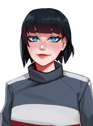  absurdres black_hair blue_eyes blunt_bangs commission female highres lips looking_at_viewer qtori real_life short_hair smile solo suzi_hunter upper_body 