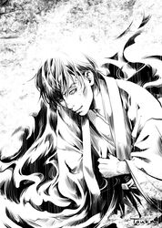  1boy artist_name cheekbones clenched_hand greyscale hakama hakama_skirt haori japanese_clothes kimono looking_down male_focus monochrome parted_lips sangatsu_no_lion shimada_kai_(sangatsu_no_lion) short_hair skirt solo touka_(akira_nogi) wide_sleeves 