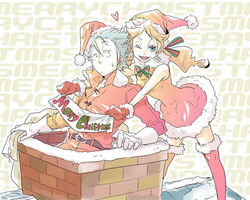  1boy bad_source blonde_hair breasts chimaki_(impressiveanarchy) christmas closed_mouth dress earrings feet_out_of_frame female gian_(saga) gloves hat jewelry long_hair looking_at_viewer myriam_(saga) open_mouth romancing_saga_minstrel_song saga santa_costume santa_hat smile thighhighs twintails 