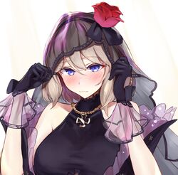  azur_lane black_dress black_gloves blue_eyes blush bridal_veil cross dress female frilled_dress frills gloves iron_cross light_brown_hair marshall_k official_alternate_costume short_hair solo turtleneck turtleneck_dress veil wedding_dress z23_(azur_lane) z23_(schwarze_hochzeit)_(azur_lane) 