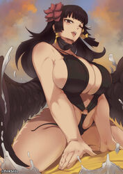  alternate_costume black_hair black_one-piece_swimsuit black_wings breasts cleavage curvy dead_or_alive dead_or_alive_xtreme feathered_wings female flower hair_flower hair_ornament hair_ribbon highres hime_cut huge_breasts long_hair looking_at_viewer makeup mascara mole mole_under_mouth nyotengu o-ring o-ring_swimsuit one-piece_swimsuit one_eye_closed orphen_(pink_seito) outdoors paid_reward_available purple_eyes ribbon sidelocks solo straddling swimsuit thick_thighs thighs v_arms water wings 