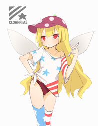  absurdres adapted_costume american_flag_legwear baseball_cap black_panties blonde_hair character_name closed_mouth clownpiece commentary commission fairy_wings female flat_cap hat highres long_hair looking_to_the_side no_pants panties polka_dot_headwear purple_hat red_eyes shiki_karin shirt short_sleeves simple_background solo standing star_(symbol) star_print t-shirt thighhighs touhou underwear white_background white_shirt wings 