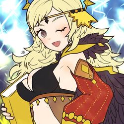  blonde_hair bodystocking book breasts female fire_emblem fire_emblem_fates grey_eyes holding holding_book long_hair looking_at_viewer m0fa0 medium_breasts official_alternate_costume one_eye_closed open_mouth ophelia_(fire_emblem) solo upper_body 