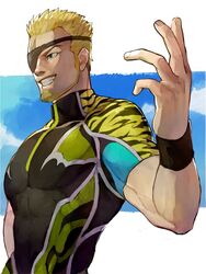  1boy animal_print blonde_hair blue_eyes blue_sky cloud covered_abs eyepatch facial_hair goatee grin highres male_focus oni_gini pectorals ramon_(kof) short_hair short_sleeves sideburns sky smile solo spiked_hair the_king_of_fighters tiger_print upper_body wristband 