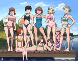  6+girls absurdres adjusting_clothes adjusting_swimsuit ahoge anni_junttila antenna_hair arms_behind_back artist_logo bad_id bad_twitter_id ball beachball bikini black_bikini black_eyes black_hair blonde_hair blue_eyes blue_one-piece_swimsuit braid breasts brown_eyes brown_hair can casual_one-piece_swimsuit cloud cloudy_sky commentary contrapposto dark-skinned_female dark_skin elina_rahko english_commentary feet_up floral_print frilled_bikini frills glasses green_eyes group_picture hair_over_eyes hair_over_shoulder hand_on_another&#039;s_shoulder hand_on_own_hip head_tilt highres holding holding_ball holding_can kaisa_taivaljarvi krista_kaitanen large_breasts lindh_(ostwindprojekt) long_hair looking_at_another looking_at_viewer low_twintails lying medium_hair multiple_girls muscular muscular_female nevala_(ostwindprojekt) on_stomach one-piece_swimsuit ostwindprojekt outdoors own_hands_together parted_lips partially_submerged pier ponytail pool_ladder profile purple_one-piece_swimsuit rectangular_eyewear red_hair saila_leppaniemi savelius_(ostwindprojekt) seno_lepo shore short_hair side-tie_bikini_bottom sidelocks single_braid sitting sky smile sports_bikini standing swimsuit tree twintails veera_mironoff water wet wet_hair yellow_bikini 