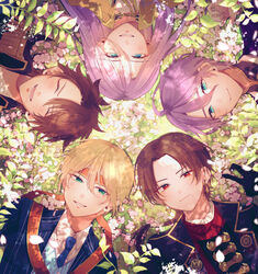  5boys ^_^ aqua_eyes blonde_hair blue_eyes brown_hair cherry_blossoms circle_formation closed_eyes collared_shirt earrings from_above grass hachisuka_kotetsu hachisuka_kotetsu_(kiwame) headband highres jewelry kasen_kanesada kasen_kanesada_(kiwame) kashuu_kiyomitsu kashuu_kiyomitsu_(kiwame) leaf lying male_focus mole mole_under_mouth multiple_boys mutsu-no-kami_yoshiyuki mutsu-no-kami_yoshiyuki_(kiwame) necktie on_back petals purple_hair red_eyes red_scarf scarf shirt smile touken_ranbu upper_body yamanbagiri_kunihiro yamanbagiri_kunihiro_(kiwame) yonemaru 