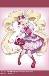  ;d aisaki_emiru blonde_hair boots bow bowtie cure_macherie dress earrings female floating_hair frilled_boots frills full_body hairbow highres holding holding_instrument hugtto!_precure instrument jewelry layered_dress long_hair makeup mascara medium_dress one_eye_closed open_mouth precure red_bow red_bowtie red_eyes red_footwear shipu_(gassyumaron) short_sleeves smile solo thighhighs very_long_hair white_sleeves white_thighhighs 