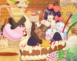  ahoge black_hair boots bow brown_dress cake candy candy_cane commentary_request cross-laced_footwear dessert doughnut dress female food food_request frilled_sleeves frills full_body hairbow kashiki_main knee_boots lace-up_boots licorice_(food) lollipop looking_at_viewer mini_person minigirl open_mouth original puffy_short_sleeves puffy_sleeves purple_eyes shoe_soles short_sleeves sitting skirt smile solo 