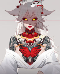  absurdres animal_ears arm_tattoo bare_shoulders bell black_sclera breasts chest_tattoo closed_mouth colored_sclera commentary english_commentary female fox_mask highres japanese_clothes jingle_bell kimono kimono_pull long_hair long_sleeves looking_at_viewer mask medium_breasts mole mole_on_nose mole_under_eye neck_tattoo original red_lips shade slit_pupils solo tattoo unworn_mask upper_body white_hair white_kimono wide_sleeves wonbin_lee yellow_eyes 