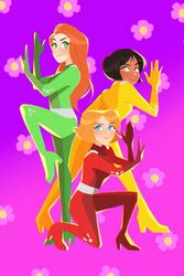  3girls alex_(totally_spies) ass belt black_hair blonde_hair blue_eyes bodysuit breasts brown_eyes catsuit clover_(totally_spies) dark-skinned_female dark_skin english_commentary flower full_body green_bodysuit green_eyes highres impossible_bodysuit impossible_clothes latex long_hair looking_at_viewer medium_breasts metal_belt multiple_girls red_bodysuit red_hair sam_(totally_spies) short_hair skin_tight smile stripedpants totally_spies whoop_catsuit yellow_bodysuit 