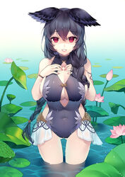  :d absurdres ass_visible_through_thighs bare_arms bare_shoulders black_hair black_one-piece_swimsuit bracelet braid breasts casual_one-piece_swimsuit cleavage cleavage_cutout clothing_cutout commentary covered_navel erune female granblue_fantasy grin hands_on_own_chest heart heart-shaped_pupils highres jewelry large_breasts lily_pad long_hair looking_at_viewer may_(2747513627) nail_polish nier_(granblue_fantasy) nier_(lover_by_the_lily_lake)_(granblue_fantasy) official_alternate_costume one-piece_swimsuit open_mouth pink_nails red_eyes shaded_face smile solo standing swimsuit symbol-only_commentary symbol-shaped_pupils twin_braids very_long_hair wading water water_drop wet wet_hair 