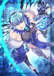  1boy absurdres blue_background blue_hair blue_lips brooch eyeshadow fairy_ranmaru:anata_no_kokoro_otasuke_shimasu gloves hair_ornament highres holding holding_weapon ikenie18 jewelry looking_at_viewer makeup male_focus mole mole_under_eye pointy_ears purple_eyes seiren_uruu short_hair sidelocks solo thighhighs weapon white_gloves white_thighhighs wings 