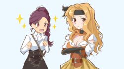  2girls belt blonde_hair blush breasts brigid_(fire_emblem) brigid_(pirate)_(fire_emblem) cleavage commentary_request dress fire_emblem fire_emblem:_genealogy_of_the_holy_war fire_emblem:_three_houses fire_emblem_heroes garreg_mach_monastery_uniform gloves headband highres kwz_ini long_hair multiple_girls open_mouth petra_macneary ponytail purple_hair simple_background 