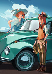  2girls absurdres alternate_costume animal_ears aqua_eyes blue_eyes bow bowtie brown_hair car commentary ears_through_headwear english_commentary fuyukayui gloves grass_wonder_(umamusume) hat headwear_request highres horse_ears horse_girl horse_tail long_hair looking_at_viewer motor_vehicle multiple_girls orange_hair sidelocks taiki_shuttle_(umamusume) tail umamusume vest volkswagen_beetle white_gloves 