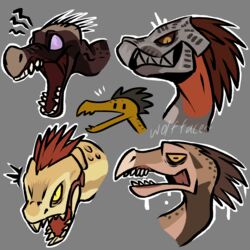  1:1 alien ambiguous_gender anthro avian avian_caruncle beak brown_body brown_feather_hair brown_feathers brown_quills colored fangs feather_hair feathered_crest feathers grey_body grey_skin grin group halo_(series) head_crest headshot_portrait hi_res horizontal_pupils ibie&#039;shan kig-yar looking_at_viewer male_(lore) microsoft open_mouth portrait pseudo_hair pupils purple_eyes quill_hair red_body red_neck red_quills red_skin ruuhtian_(kig-yar) scales scalie sharp_teeth slit_pupils smile t&#039;vaoan tan_body tan_scales tan_skin teeth toony wolfface2 xbox_game_studios yellow_eyes 