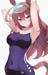  ahoge animal_ears armpits arms_behind_head arms_up bare_shoulders blue_one-piece_swimsuit blush breasts brown_hair closed_mouth collarbone covered_navel female grey_hairband hairband highres hone_kawa horse_ears horse_girl horse_tail large_breasts long_hair looking_at_viewer mihono_bourbon_(umamusume) one-piece_swimsuit solo swimsuit tail umamusume wet 