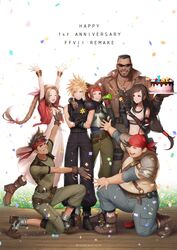  3girls 4boys aerith_gainsborough anniversary arm_around_shoulder armor arms_up barret_wallace biggs_(ff7) blonde_hair braid braided_ponytail breastplate brown_hair cake closed_mouth cloud_strife crop_top cropped_jacket dangle_earrings dark-skinned_male dark_skin dress earrings final_fantasy final_fantasy_vii final_fantasy_vii_remake fingerless_gloves food gloves headband highres jessie_rasberry jewelry korean_commentary long_hair low-tied_long_hair multiple_boys multiple_girls nagi_(siki2n) navel red_headband sleeveless smile suspenders swept_bangs tank_top tifa_lockhart wedge_(ff7) white_tank_top 