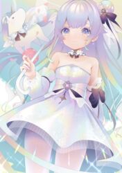  absurdres alicorn azur_lane bare_shoulders blurry bow bridal_veil choker commentary_request depth_of_field detached_sleeves dress earrings female gradient_hair hair_bun hair_ribbon hairbow highres hina_(bird_salty) jewelry long_hair looking_at_viewer multicolored_hair off-shoulder_dress off_shoulder one_side_up pantyhose petals purple_eyes purple_hair ribbon single_hair_bun single_side_bun smile solo sparkle unicorn_(a_dream_of_pure_vows)_(azur_lane) unicorn_(azur_lane) veil wedding_dress white_dress white_pantyhose 