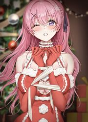  alternate_costume amatoku_yua amyu_(amm_asl_pa) asymmetrical_hair black_ribbon blush bound bound_wrists breasts choker christmas christmas_lights christmas_ornaments christmas_tree cleavage cleavage_cutout clothing_cutout commentary dress elbow_gloves etoiles eyelashes female frilled_choker frilled_dress frills gloves hair_intakes hair_ornament hair_ribbon highres long_hair looking_at_viewer md5_mismatch medium_breasts one_eye_closed parted_lips pink_hair pom_pom_(clothes) purple_eyes red_choker red_dress red_gloves resolution_mismatch ribbon side_ponytail sleeveless sleeveless_dress solo source_smaller upper_body virtual_youtuber x_hair_ornament 