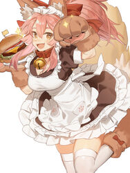  :d absurdres animal_ears animal_hands apron bell blush breasts burger dress fate/extra fate/grand_order fate_(series) female food foot_out_of_frame fox_ears fox_girl fox_tail frilled_dress frills gloves highres holding holding_plate horikwawataru jingle_bell large_breasts long_hair looking_at_viewer maid_apron maid_headdress neck_bell oerba_yun_fang open_mouth paw_gloves paw_pose pink_hair plate ponytail short_dress sidelocks smile socks solo sparkle tail tamamo_(fate) tamamo_cat_(fate) tamamo_cat_(second_ascension)_(fate) thighhighs white_thighhighs yellow_eyes zettai_ryouiki 